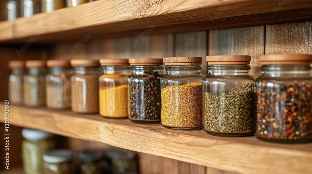 Colorful Spice Jars on Wooden Shelf with Natural Light in Rustic Kitchen Setting Colorful Spice Jars on Wooden Shelf with Natural Light in Rustic Kitchen Setting