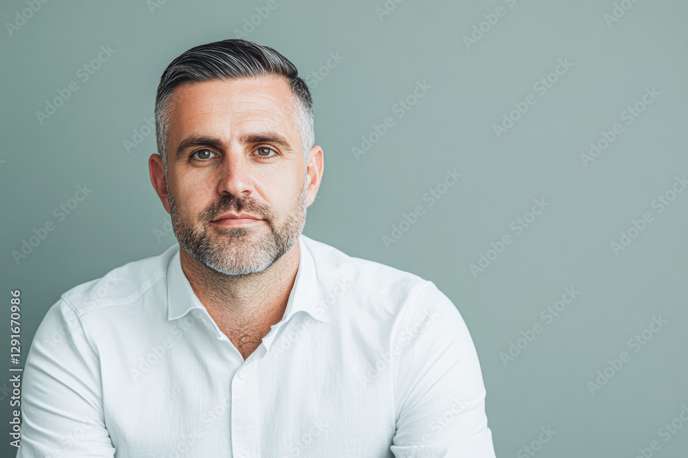 Fototapeta premium Confident man in a white shirt against a muted background.