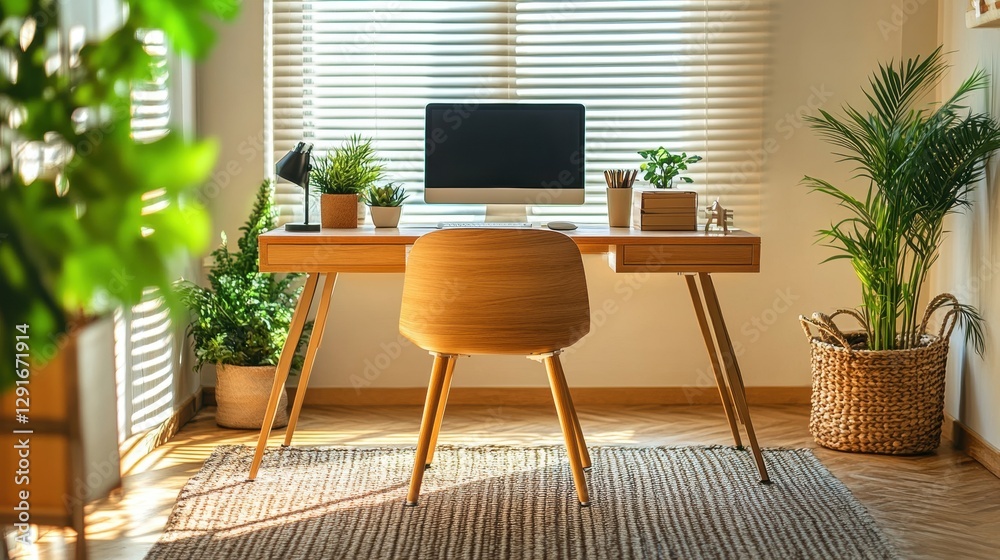 Fototapeta premium Modern Home Office Setup with Wooden Desk, Computer, Plants, and Natural Light Through Windows