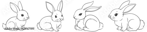 Set different easter bunny rabbits outlines, isolated on transparent background. Bunnies as easter decorative elements. Vector eps