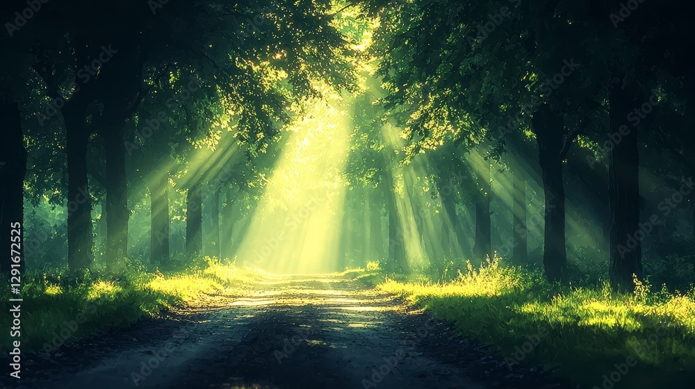 Sunbeams through forest path, misty morning, nature scene, idyllic background Sunbeams through forest path, misty morning, nature scene, idyllic background
