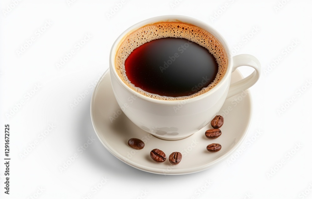 Freshly Brewed Coffee in White Cup with Coffee Beans on Saucer Freshly Brewed Coffee in White Cup with Coffee Beans on Saucer
