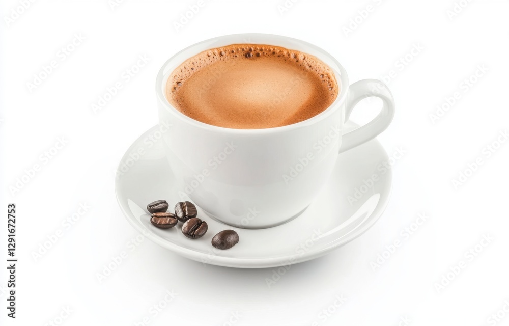 Freshly Brewed Coffee in White Cup on Saucer with Coffee Beans Freshly Brewed Coffee in White Cup on Saucer with Coffee Beans