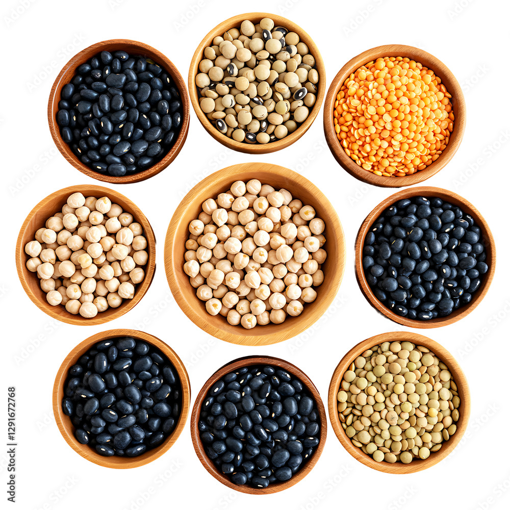 Assorted Black and White Soybeans in Wooden Bowls on Transparent Background
Assorted Black and White Soybeans in Wooden Bowls on Transparent Background