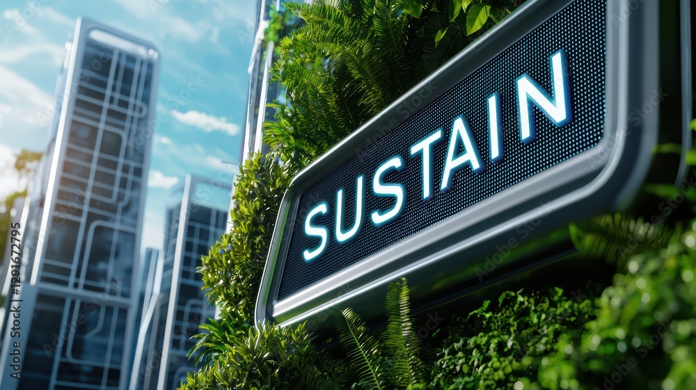 Obraz premium Futuristic Eco City Sign Emphasizing Sustainability and Nature