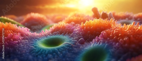 Dynamic 3D cross section showing cellular differentiation vibrant glowing color cell specialize cinematic golden hour lighting realistic texture symmetrical arrangement flawless anatomy detail ultra