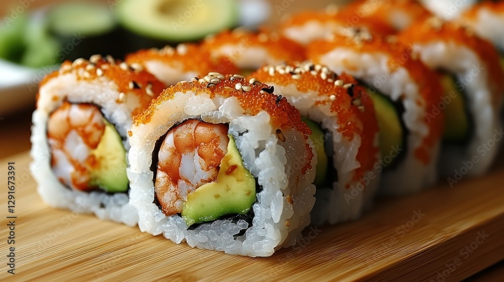 Shrimp Avocado Sushi Rolls on Wooden Board, with background of more rolls and sliced avocado Shrimp Avocado Sushi Rolls on Wooden Board, with background of more rolls and sliced avocado