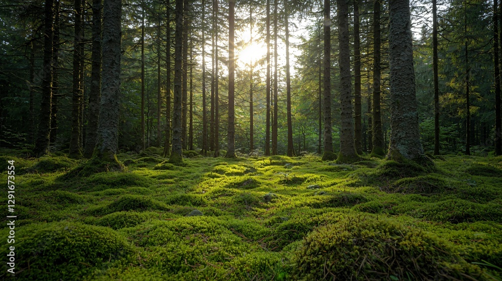 Fototapeta premium Sunlit mossy forest floor, tranquil nature scene, peaceful background, ideal for relaxation