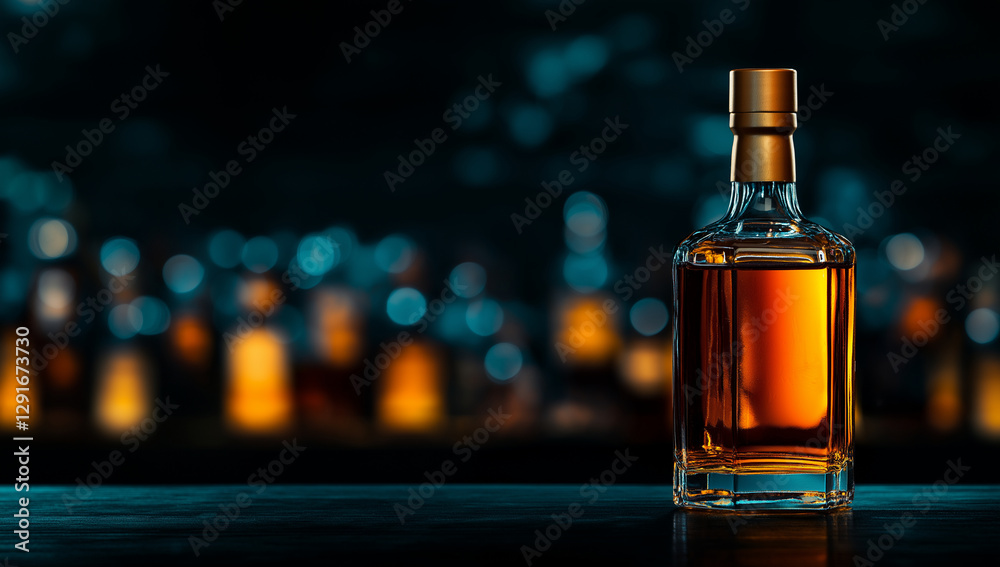 bottle of whiskey stands elegantly on bar counter, illuminated by soft, ambient light. warm amber liquid contrasts beautifully with blurred background of glowing bottles, creating cozy atmosphere bottle of whiskey stands elegantly on bar counter, illuminated by soft, ambient light. warm amber liquid contrasts beautifully with blurred background of glowing bottles, creating cozy atmosphere