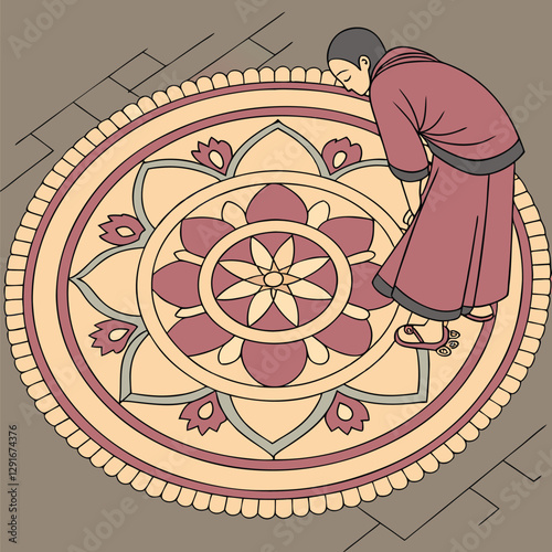A Mesmerizing Buddhist Sand Mandala in a Circular Pattern with Intricate Sacred Symbols