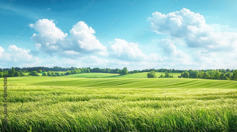 Sunny green field under blue sky. Ideal for nature, travel, or agriculture websites Sunny green field under blue sky. Ideal for nature, travel, or agriculture websites