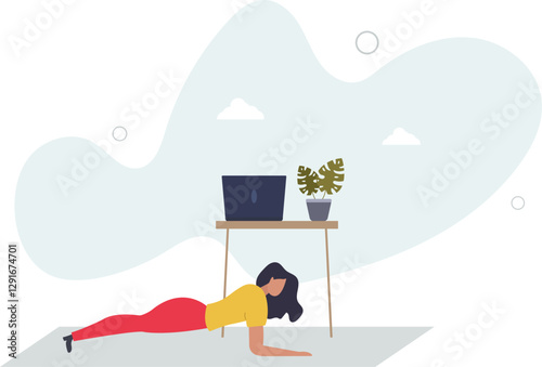 Young woman practicing yoga exercise at home. Forearm Plank.flat character life .