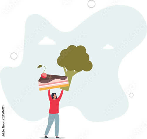 Woman choosing between healthy and unhealthy food .Choice for body health concept.flat character life .
