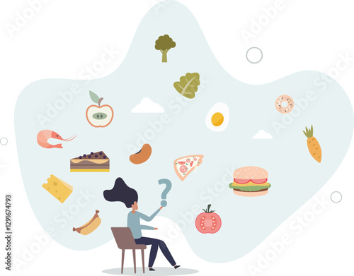 Choosing the type of food concept. A woman chooses between healthy and harmful food.flat character life .