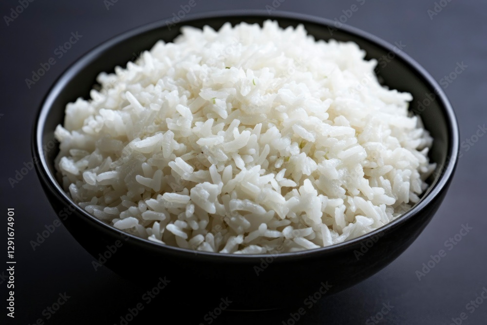 Cooked white rice in bowl, dark background, food photography, recipe ingredient Cooked white rice in bowl, dark background, food photography, recipe ingredient