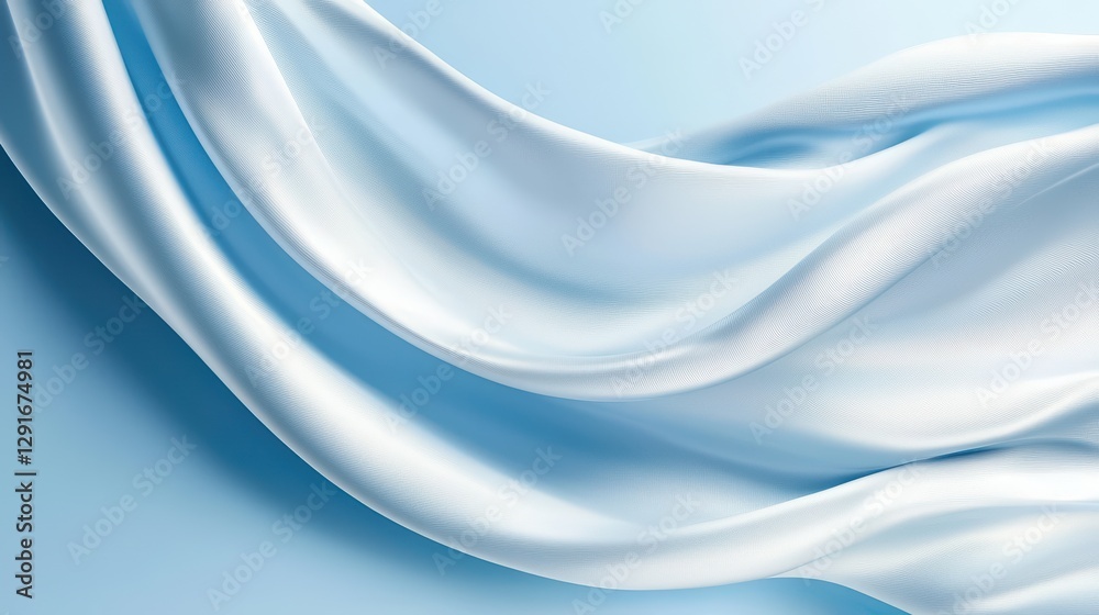 Soft Wavy Silk Fabric on a Light Blue Background with Folds Soft Wavy Silk Fabric on a Light Blue Background with Folds