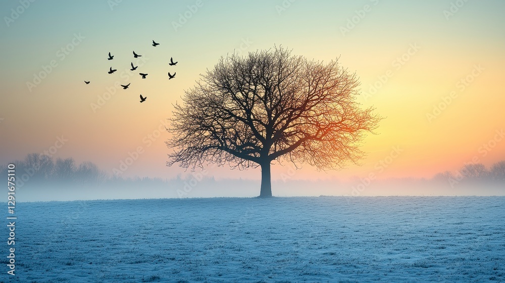 Sunrise over frosty field, lone tree, birds flying. Peaceful nature scene, ideal for calm and serene themed projects Sunrise over frosty field, lone tree, birds flying. Peaceful nature scene, ideal for calm and serene themed projects