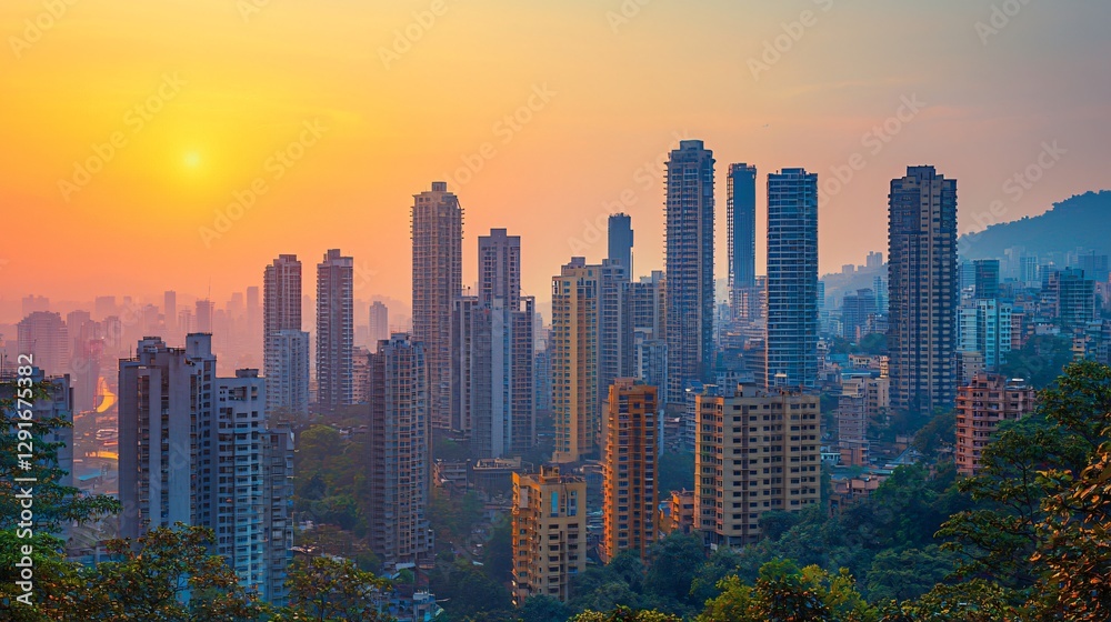 Obraz premium Sunset cityscape, Hong Kong skyline, urban landscape, hilltop view, travel photography