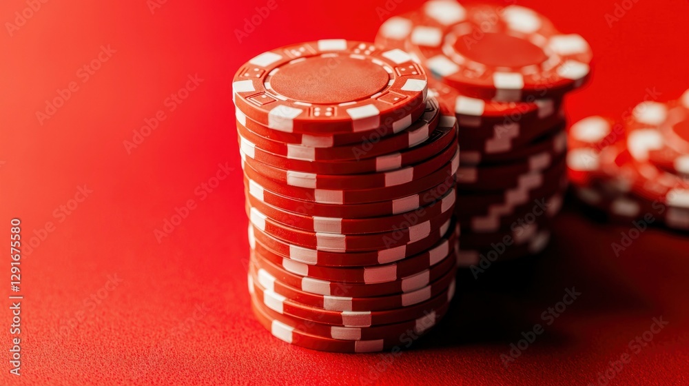 Red poker chips stack, casino game, red background, gambling Red poker chips stack, casino game, red background, gambling