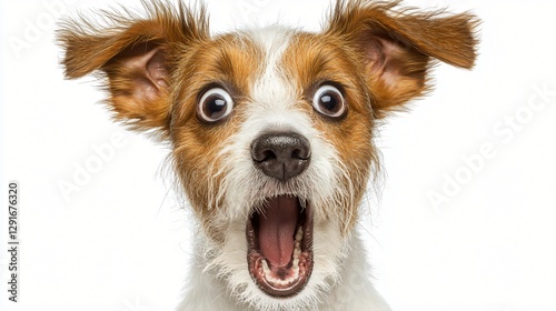 Surprised dog, wide-eyed, white background, pet portrait