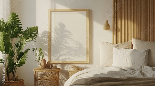 Mock-up frame on a side table beside a rattan bed, cozy bedroom with soft lighting, neutral bedding, potted plants, and natural wooden elements, warm and cozy atmosphere, 3D render.