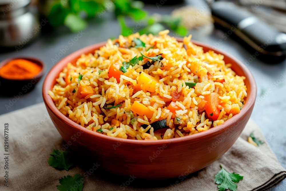 A bowl filled with colorful vegetable rice features diced peppers and herbs, showcasing a hearty meal prepared with fresh ingredients on a simple table setting A bowl filled with colorful vegetable rice features diced peppers and herbs, showcasing a hearty meal prepared with fresh ingredients on a simple table setting