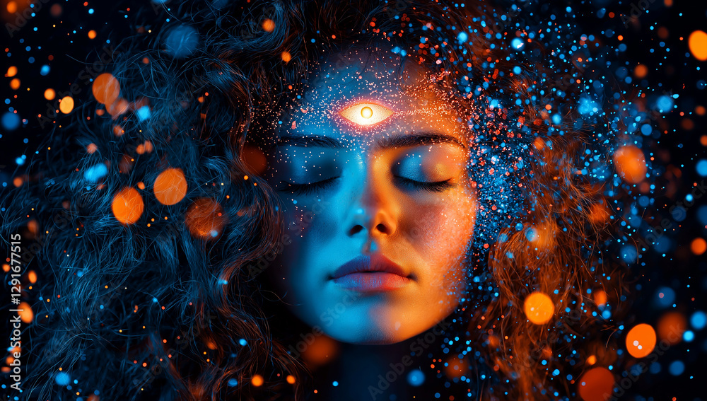 woman with closed eyes and illuminated third eye, surrounded by vibrant particles and glowing lights, evokes sense of tranquility and spiritual awakening woman with closed eyes and illuminated third eye, surrounded by vibrant particles and glowing lights, evokes sense of tranquility and spiritual awakening