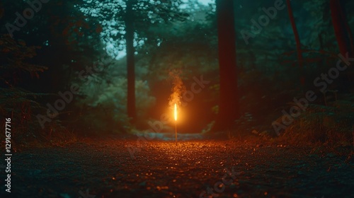 Flare burning on forest path at twilight