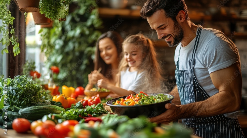 Happy Family Preparing Fresh Vegetables Together in a Bright Kitchen with Natural Light Happy Family Preparing Fresh Vegetables Together in a Bright Kitchen with Natural Light