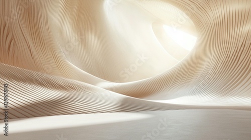Abstract beige architectural interior with smooth curves and light source.