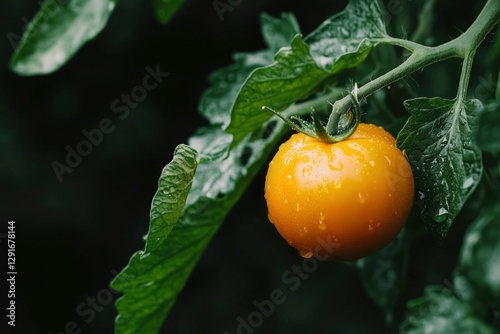 Ripe yellow tomato on vine, garden, rain. Food image