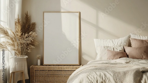 Fototapeta Naklejka Na Ścianę i Meble -  Mock-up frame leaning against the wall on a wooden console, cozy bedroom with wicker furniture, soft neutral bedding, warm tones, potted plant nearby, 3D render.