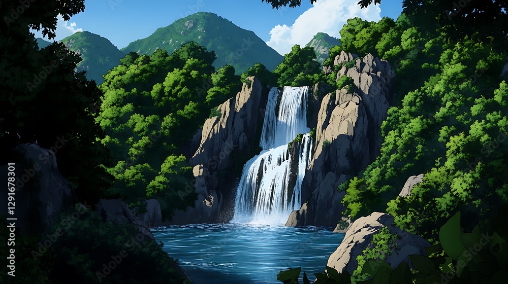 Naklejka premium Lush Waterfall Digital Painting: A Serene Summer Landscape AI Generated