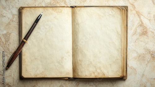 An open book with blank pages and an ink pen resting on top of it. The background is a beige marble, giving the scene an aged appearance, and there is no visible text or writing on any part of the pag