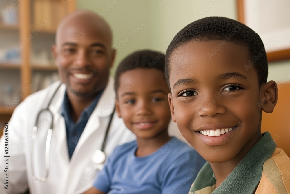 Happy family visit in doctors office with smiling children Happy family visit in doctors office with smiling children