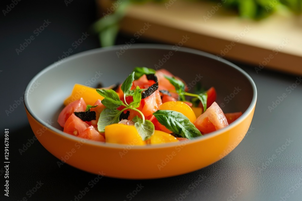 Fresh tomato salad with basil in orange bowl on dark kitchen counter Fresh tomato salad with basil in orange bowl on dark kitchen counter