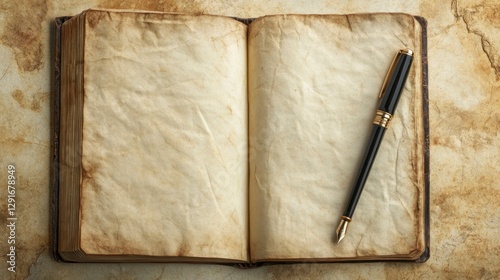 An open book with blank pages and an ink pen resting on top of it. The background is a beige marble, giving the scene an aged appearance, and there is no visible text or writing on any part of the pag