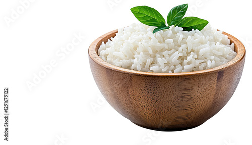Fresh White Rice in a Wooden Bowl with Green Leaves on Top