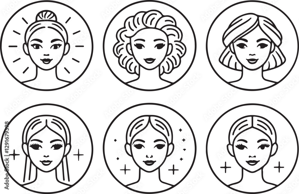 Beauty attributes line art vector icons set, woman salon spa editable stroke outline illustration. Isolated on a white background.