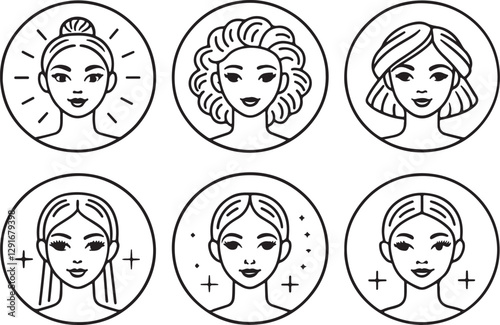 Beauty attributes line art vector icons set, woman salon spa editable stroke outline illustration. Isolated on a white background.
