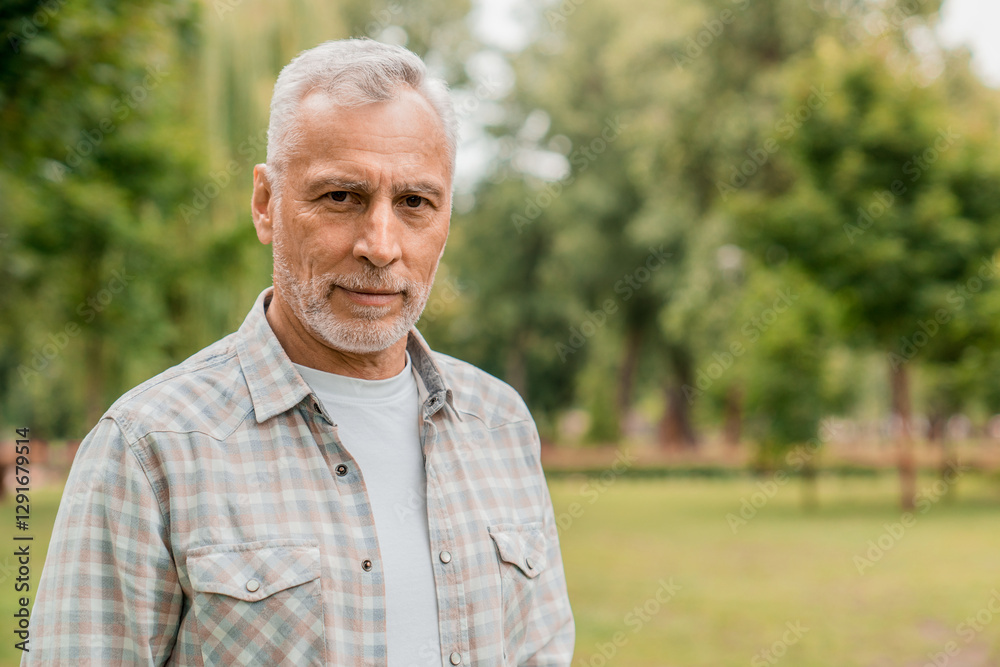 A portrait of a senior man with gray hair and a beard standing in park. He wears a casual plaid shirt over a white t-shirt. The background is blurred with green trees. He looks confident and relaxed. A portrait of a senior man with gray hair and a beard standing in park. He wears a casual plaid shirt over a white t-shirt. The background is blurred with green trees. He looks confident and relaxed.