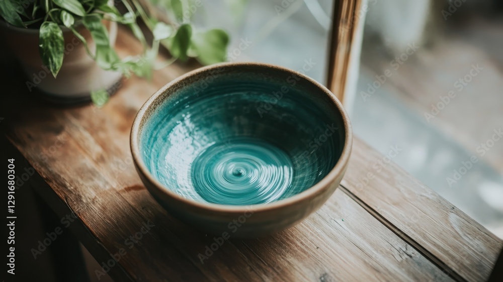 Ceramic bowl with turquoise glaze rests on wooden surface near window with plants Ceramic bowl with turquoise glaze rests on wooden surface near window with plants