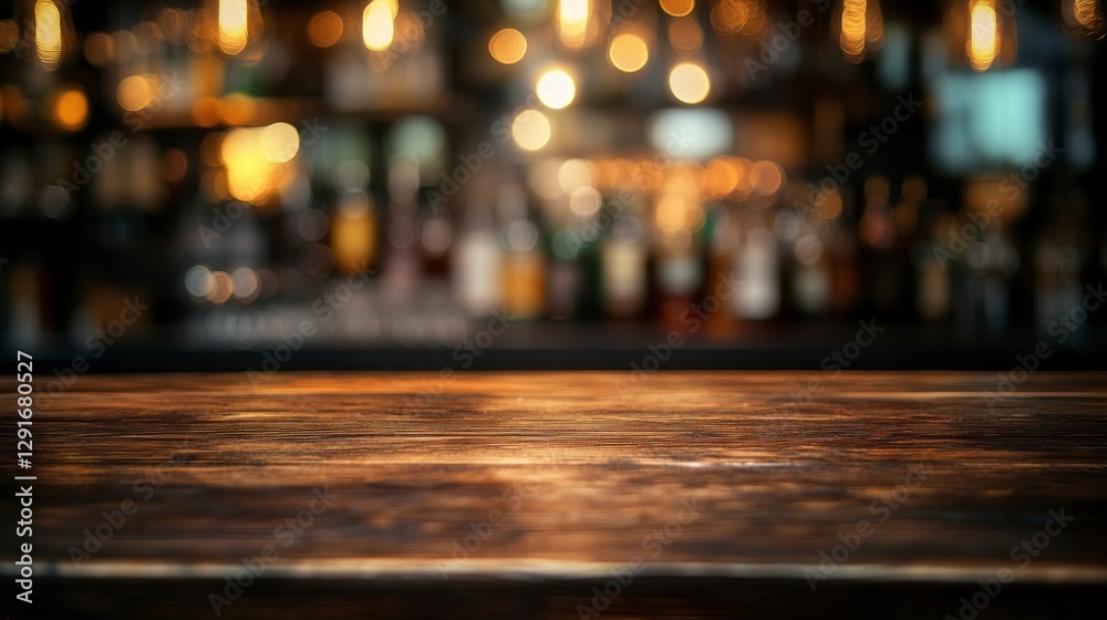 Dark wooden table with a blurred bar in the background, a bokeh effect, and a blurred background. Dark wooden table with a blurred bar in the background, a bokeh effect, and a blurred background.