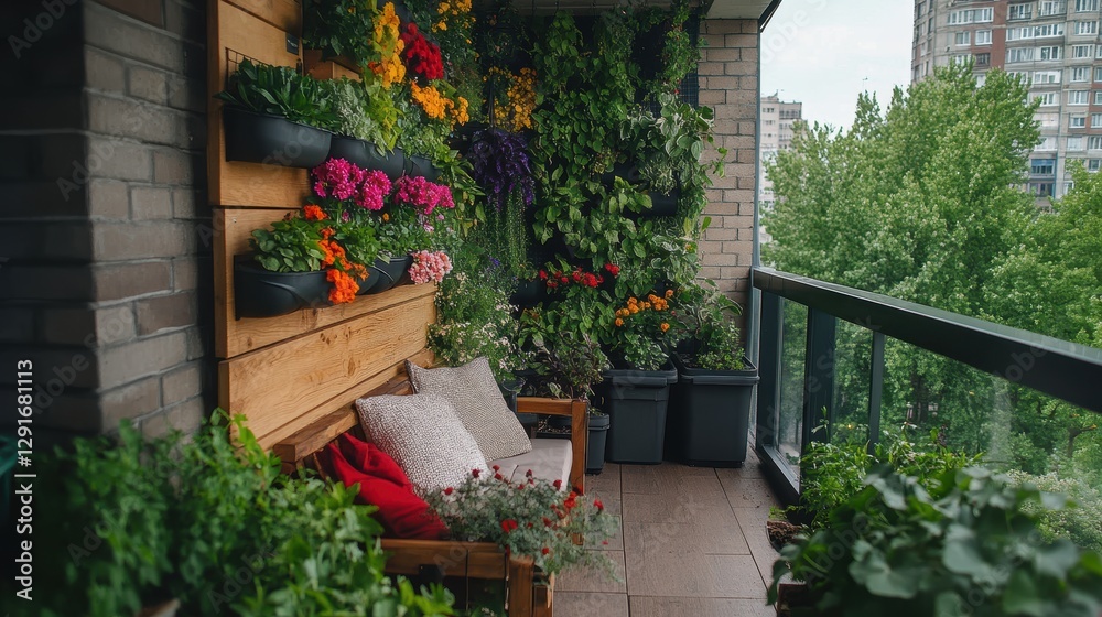 Naklejka premium Lush Urban Balcony Garden with Colorful Flowers and Greenery in Modern Apartment Setting