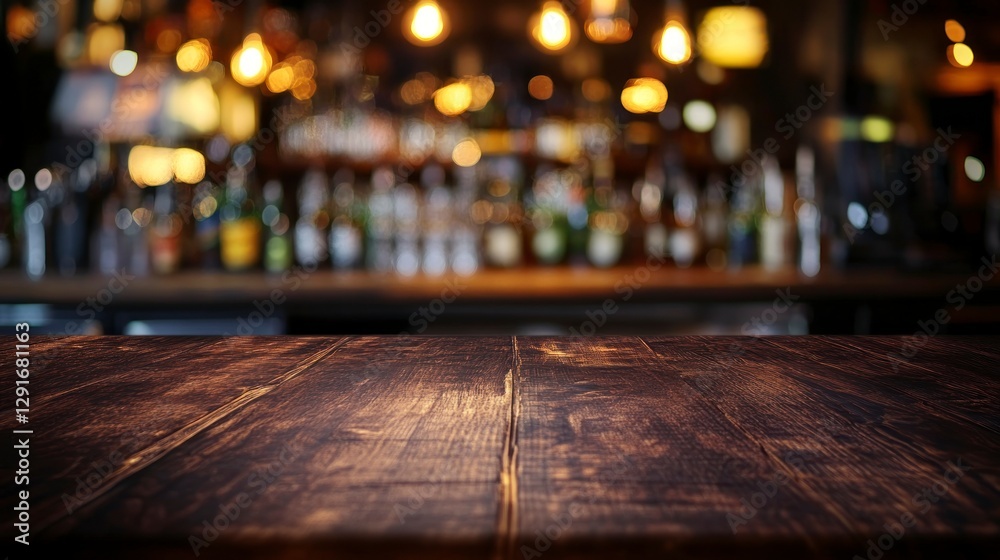 Dark wooden table with a blurred bar in the background, a bokeh effect, and a blurred background. Dark wooden table with a blurred bar in the background, a bokeh effect, and a blurred background.
