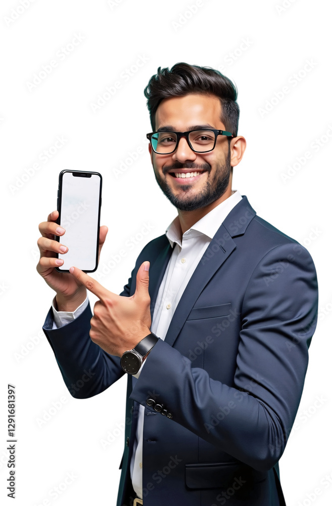 Muslim Businessman Presenting an Islamic Finance App on a Smartphone Muslim Businessman Presenting an Islamic Finance App on a Smartphone