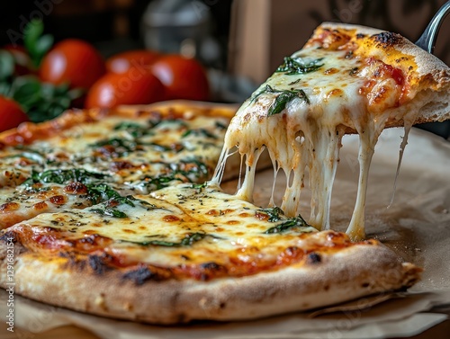 Delicious freshly baked pizza with stringy melted cheese, fresh spinach, and vibrant tomatoes on wooden serving board in cozy kitchen environment
