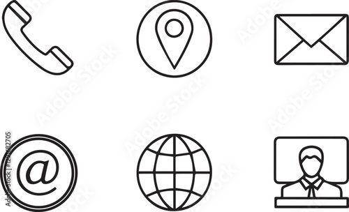 Contact line art vector icons set, Email, location, phone, network and more editable stroke outline illustration. Isolated on a white background.