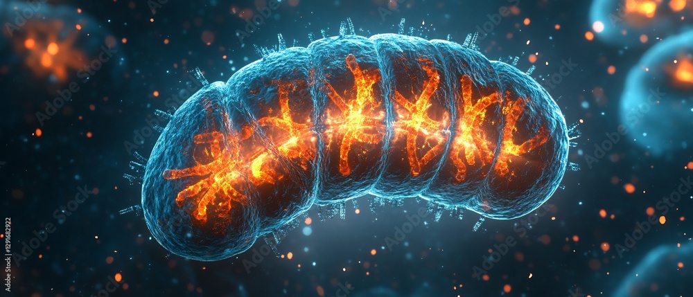 Dynamic 3D representation of mitochondrion during active energy production glowing inner structures ultra detailed cristae and enzymes cinematic textures scientifically accurate proportions Dynamic 3D representation of mitochondrion during active energy production glowing inner structures ultra detailed cristae and enzymes cinematic textures scientifically accurate proportions