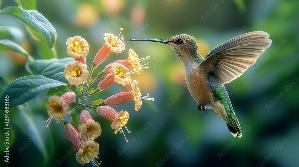 Obraz premium Hummingbird feeding on flowers vibrant garden nature photography soft light close-up beauty of wildlife